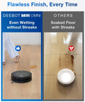 Comparison of floors cleaned by T80 Omni Robot Vacuum And Mop With Instant Self Cleaning OZMO Roller Mop TruEdge Cleaning AI Navigation 18000Pa Suction ZeroTangle 3.0 For Pets And Carpets Boss Level Clean On Hardwood Floors Tile And Area Rugs and another brand, showing streak-free cleaning.