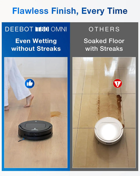 Comparison of floors cleaned by T80 Omni Robot Vacuum And Mop With Instant Self Cleaning OZMO Roller Mop TruEdge Cleaning AI Navigation 18000Pa Suction ZeroTangle 3.0 For Pets And Carpets Boss Level Clean On Hardwood Floors Tile And Area Rugs and another brand, showing streak-free cleaning.