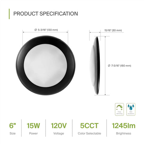 Six Pack 6 Inch LED Disk Lights 15W 5CCT 2700K To 5000K 1245 Lumens Dimmable Flush Mount Ceiling Light Fixture dimensions