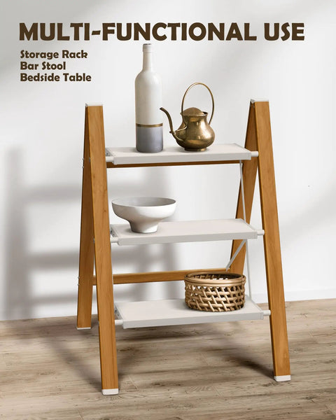 Three Step Stool With Anti Slip Large Pedals White Woodgrain Finish Lightweight Foldable For Home Garage Or Workshop Easy To Fold And Carry Portable Step Ladder, open as storage rack