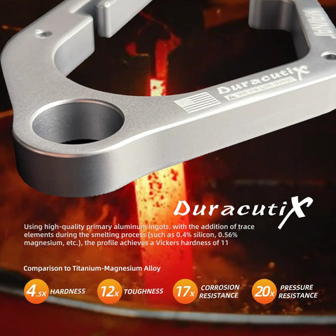 Close-up of DuracutiX Aluminum Hook for Tree Climber, with Shembiner XL compatibility and specifications overlay.