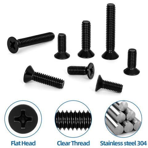 50 Pcs M4 X 10MM Countersunk Flat Head Machine Screws Iron Clad 304 Stainless Steel With Badass Black Finish Phillips Drive Full Thread close-up display