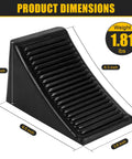 Heavy Duty Rubber Wheel Chocks Four Pack For RVs And Trailers, Tough As Nails Grip, dimensions labeled, black ribbed chock.