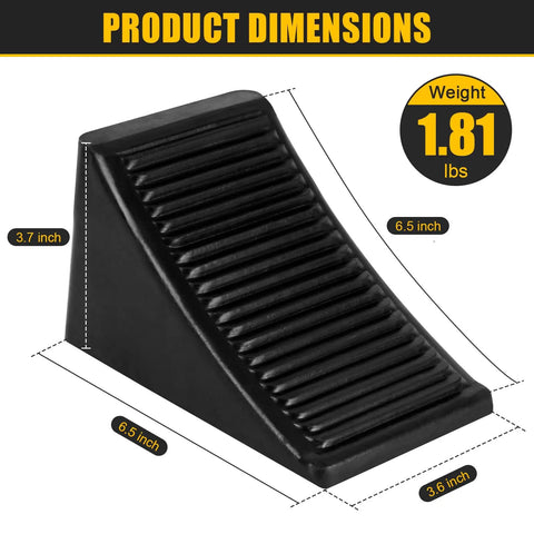Heavy Duty Rubber Wheel Chocks Four Pack For RVs And Trailers, Tough As Nails Grip, dimensions labeled, black ribbed chock.