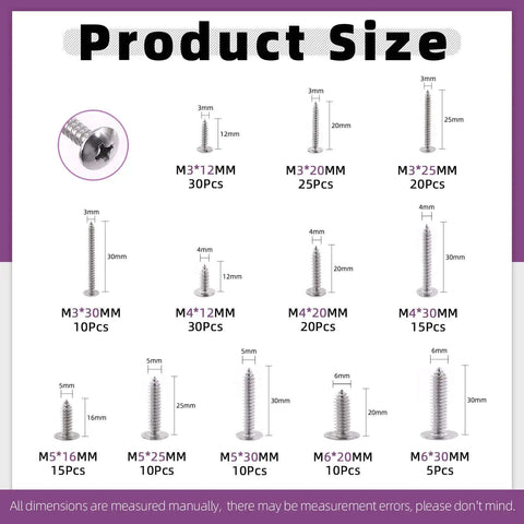 Product sizes of 200Pcs Self Tapping Screws Set With Phillips Truss Head for Wood Metal PVC Plastic Stainless Steel 304