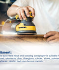 Person using a power sander with 100 Pc Hook Loop Sanding Discs With Aluminum Oxide Grit for smooth quick changes on surfaces.