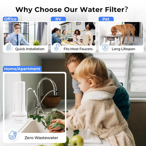 Countertop Drinking Water Filtration System With Carbon Block Filter 2.5 By 10 Inches Delivers Clean Water By Removing Chlorine Odors Sand Silt And Rust Easy DIY Install No Tools Or Plumber Needed Plug And Play Setup in kitchen scene with child.