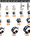 575 Piece Stainless Steel Cable Clamps Kit With Rubber Cushions And Screws Washers And Bit 12 Sizes P Clamp Set Ranging From Three Sixteenth Inch To Two Inch Heavy Duty Wire Clamps For Marine Auto Industrial Use Must Have For Any Project shown with sizes and components