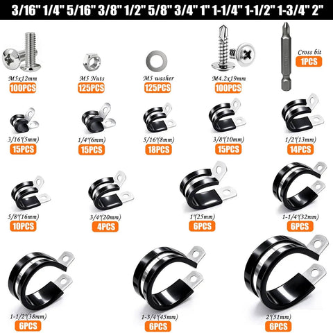 575 Piece Stainless Steel Cable Clamps Kit With Rubber Cushions And Screws Washers And Bit 12 Sizes P Clamp Set Ranging From Three Sixteenth Inch To Two Inch Heavy Duty Wire Clamps For Marine Auto Industrial Use Must Have For Any Project shown with sizes and components