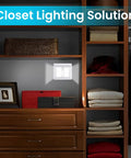 Cordless 400 Lumen COB LED Closet Light Switch illuminating closet shelf, battery powered night light, easy install