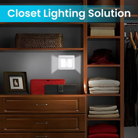 Cordless 400 Lumen COB LED Closet Light Switch illuminating closet shelf, battery powered night light, easy install