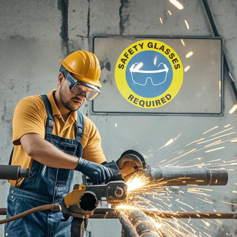 Worker cutting metal with sparks near 'Safety Glasses Required' sign. Visible sign: Five Pack Safety Glasses Required Signs 17 by 17 Inches Self Adhesive Vinyl Waterproof Eye Protection Caution Warning Signage for Shop Floor Factory Warehouse Workplace.