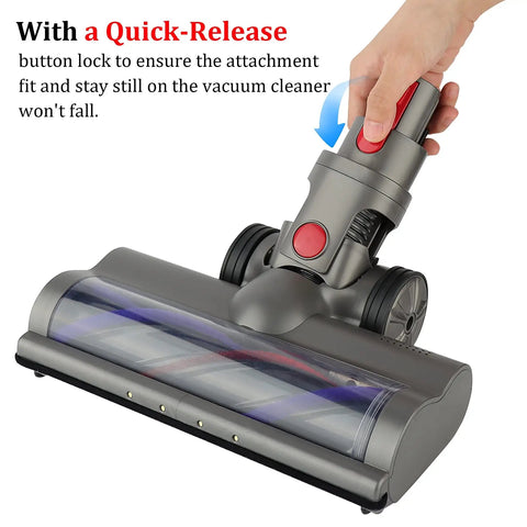 Quick Release Direct Drive Turbine Cleaner Head for Dyson Cordless Vacuums V-Series in hand with quick-release button