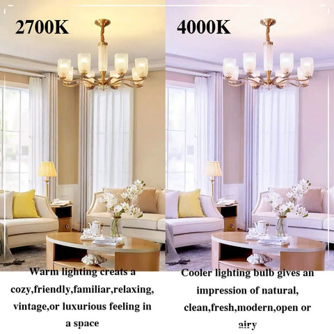 Living room with 2700K warm lighting and 4000K cool lighting, showing effects on ambiance and furniture color.