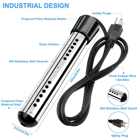 2000W Immersion Water Heater Portable Bucket Heater with LCD Thermometer and Stainless Steel Guard Submersible Boils 5 Gallons