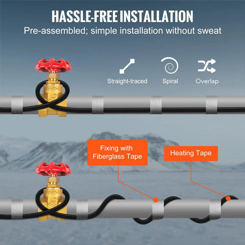 Installation of Self Regulating Pipe Heating Cable 100 Feet 5W Per Foot Heat Tape For Pipes Roof Snow Melting To Beat The Winter And Deicing Gutter Freeze Protection 120V Keeps Water Flowing Prevents Ice Dams And Roof Damage with fiberglass tape fixing.