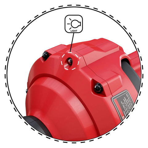 Close-up of 120V Auto Feed Drain Auger showing light indicator for 23-foot snake for unclogging pipes with forward/reverse control.