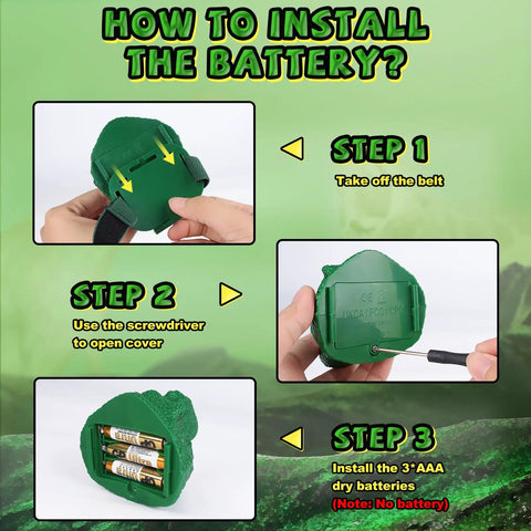 Dinosaur Headlamp For Kids With LED Flashlight Roar And Silent Modes battery installation steps and tools shown