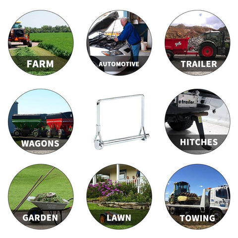 10 Pack Square PTO Pin Locking Pins One Quarter Inch By Two And Three Quarters Inch Heavy Duty Hitch Pins For Trailer Farm Lawn And Garden Equipment Safety Coupler Wire Lock Pins Set Durable And Easy To Install shown in various applications like farming and towing