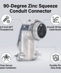 90 Degree Zinc Die Cast Squeeze Connector for AC MC Cables, 3/4 Inch Flexible Metal Conduit Elbow, easy squeeze installation.