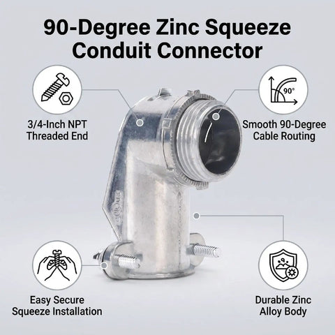 90 Degree Zinc Die Cast Squeeze Connector for AC MC Cables, 3/4 Inch Flexible Metal Conduit Elbow, easy squeeze installation.