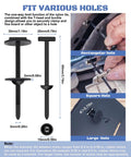 Illustration of 150 Pcs Nylon Universal Cable Tie Buckles for Cars and Motorcycles, showing dimensions and fit for various holes.