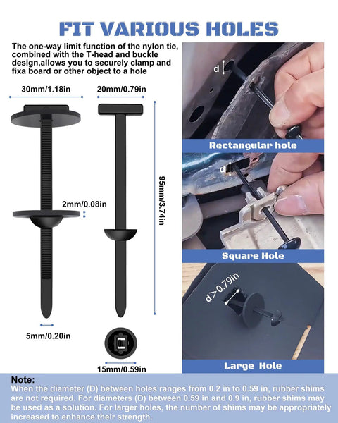Illustration of 150 Pcs Nylon Universal Cable Tie Buckles for Cars and Motorcycles, showing dimensions and fit for various holes.