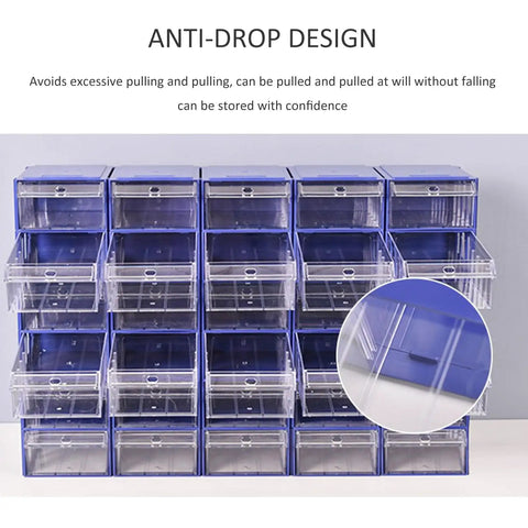 Clear Storage Organizer Box With Dividers And Labels For Craft Supplies Hardware Beads Nuts And Bolts Compact Durable Small Parts Container See Through Shell For Easy Visibility And Quick Access Grab And Go. Stack of blue clear plastic drawers with anti-drop design