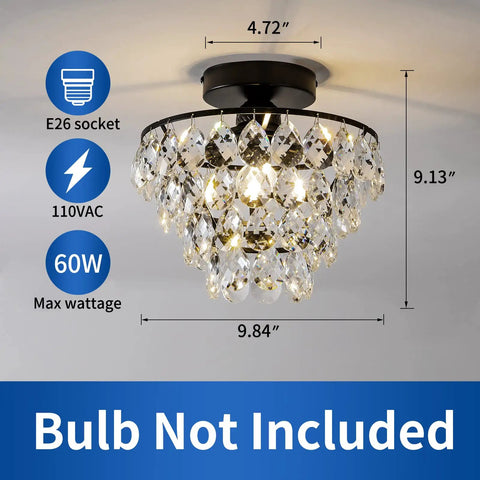Modern Small Crystal Ceiling Light Fixture In Matte Black Semi Flush Mount Mini Chandeliers showcasing dimensions and specifications.