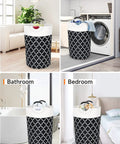Collapsible laundry basket in living room, balcony, bathroom, bedroom showcasing uses of Tall Collapsible Laundry Basket With Soft Grip Aluminum Handles, 115L Waterproof Hamper For Dorm And Travel, Easy Carry, Must Have College Essentials, Black Storage Organizer, Durable Laundry Bin For Home And Apartment