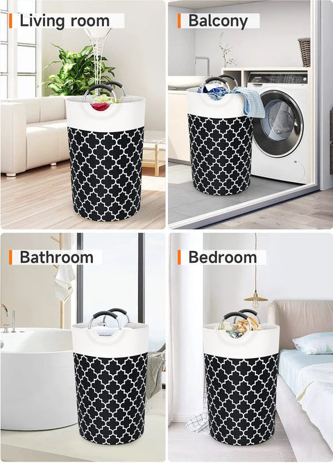 Collapsible laundry basket in living room, balcony, bathroom, bedroom showcasing uses of Tall Collapsible Laundry Basket With Soft Grip Aluminum Handles, 115L Waterproof Hamper For Dorm And Travel, Easy Carry, Must Have College Essentials, Black Storage Organizer, Durable Laundry Bin For Home And Apartment