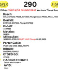 Compatibility list for routers with fixed or plunge base, including brands like Bosch, DeWalt, and Milwaukee, for a circle jig.