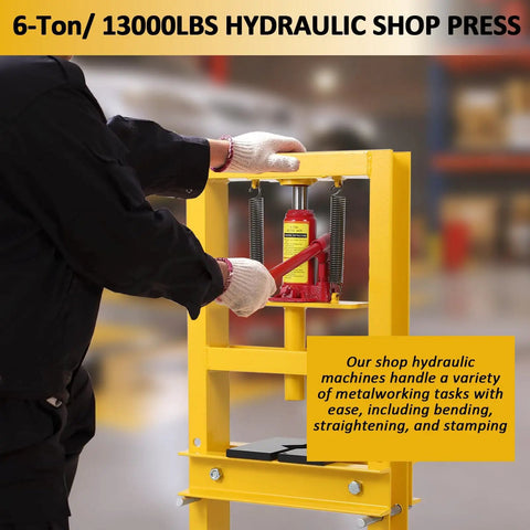 Mechanic using Beefy 6 Ton Hydraulic Press For Auto Repair And Metalworking 13000 Lbs Heavy Duty Bearing Press H Frame Shop Press in garage