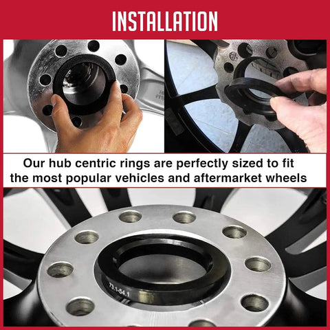 Installation of Heavy Duty Poly Carbonate Hub Centric Rings 4 Piece Set OD 73mm ID 67.1mm on a vehicle wheel.