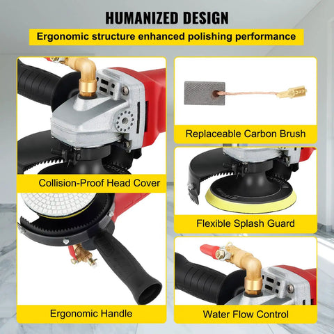 Corded Wet Buffer Polisher Kit With 7 Amp Motor, ergonomic design features, replaceable carbon brush, splash guard