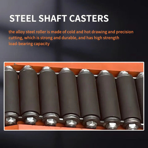 Close-up of steel shaft casters with alloy steel rollers designed for durable load-bearing applications.