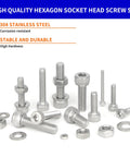 Assortment of 304 stainless steel screws, nuts, and washers from 855 Piece Stainless Steel Machine Screws Nuts And Bolts Assortment Kit