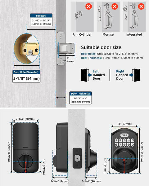 Front view of matte black TE001 keyless entry door lock with keypad; smart deadbolt for front door.