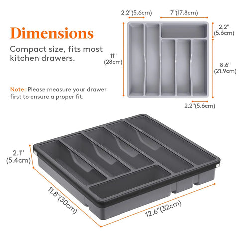 Dimensions of Silverware Organizer With Lid for Drawer and Countertop, Dust-Proof Covered Utensil Tray, showing 12.6 x 11.8 inches