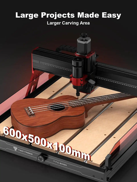 Powerful Desktop CNC Router Engraving Machine 600 X 500 Mm Worktable With 500W Turbo Spindle For Hella Precision Wood Acrylic Resin Cutting That Is A Real Game Changer, featuring a guitar on its 600x500x100mm worktable.