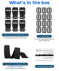 Beefed Up Heavy Duty 1 Inch Polyester Webbing Kit With Six Quick Release Buckles And Twelve Triglide Clips, 6 Yards Of Adjustable Extender Straps For Backpack MOLLE Packs Dog Collars And Fanny Packs, contents shown: 6 buckles, 12 triglides, 6 yards webbing, guide.