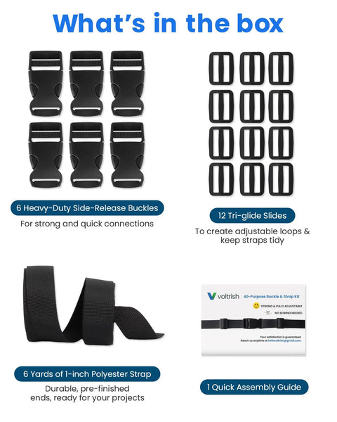 Beefed Up Heavy Duty 1 Inch Polyester Webbing Kit With Six Quick Release Buckles And Twelve Triglide Clips, 6 Yards Of Adjustable Extender Straps For Backpack MOLLE Packs Dog Collars And Fanny Packs, contents shown: 6 buckles, 12 triglides, 6 yards webbing, guide.