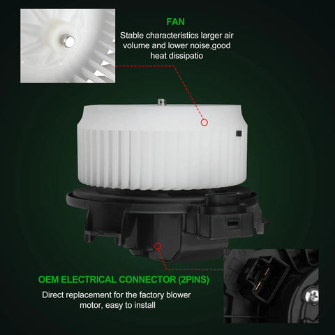 Heavy Duty 2 Pin Hvac Heater Blower Motor Assembly Drops Right In For Toyota Corolla Rav4 Matrix Scion Xb Tc Pontiac Vibe showing a fan and OEM electrical connector.