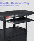 Adjustable Height Rolling AV Cart Mobile Workstation with slide-out keyboard tray and drop leaf shelves, black steel
