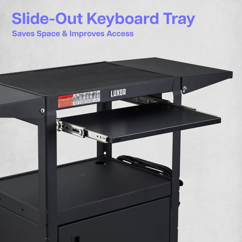 Adjustable Height Rolling AV Cart Mobile Workstation with slide-out keyboard tray and drop leaf shelves, black steel