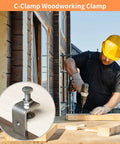 Worker using drill beside C-Clamp Woodworking Clamp holding wood plank on table, detailed view of clamp in inset