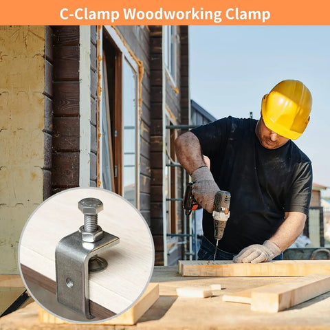 Worker using drill beside C-Clamp Woodworking Clamp holding wood plank on table, detailed view of clamp in inset