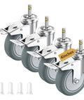 Set Of Four Heavy Duty Workhorse TPR Rubber Caster Wheels With Sturdy Steel Base And Lock It Down Tight Brakes Slick Rolling 4 Inch Casters close-up view on grey rubber wheels with locking mechanism.