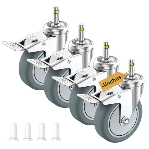 Set Of Four Heavy Duty Workhorse TPR Rubber Caster Wheels With Sturdy Steel Base And Lock It Down Tight Brakes Slick Rolling 4 Inch Casters close-up view on grey rubber wheels with locking mechanism.