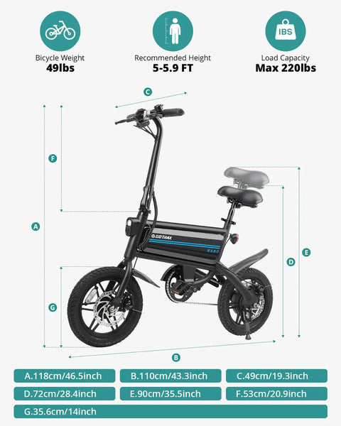 Dimensions of Nano 14-Inch Folding Electric Bike With 350W Motor 15.5 Mph Top Speed 25 Mile Pedal Assist Range Lightweight Commuter